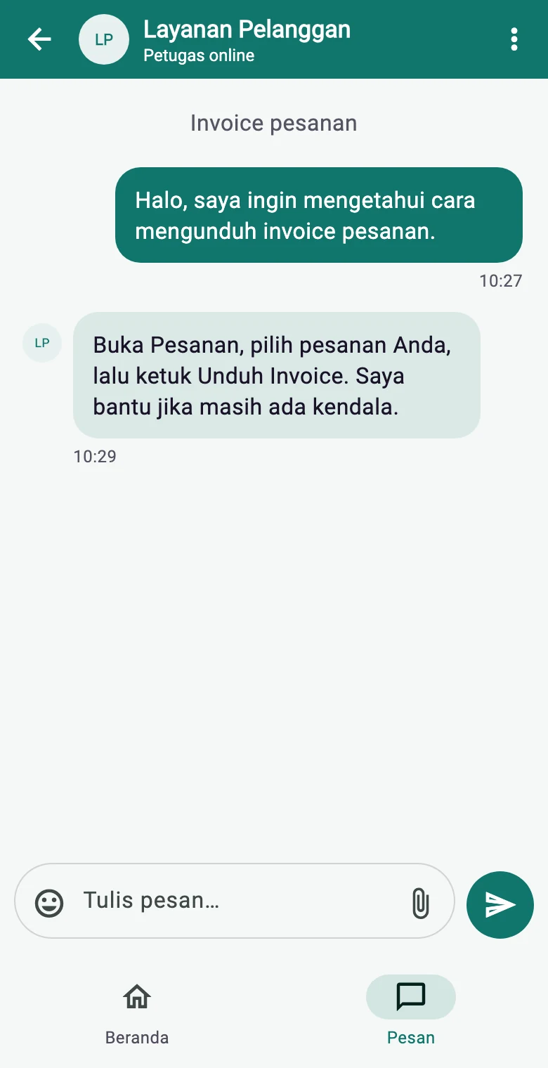 Tampilan Mobile Live Chat GSender dengan data contoh